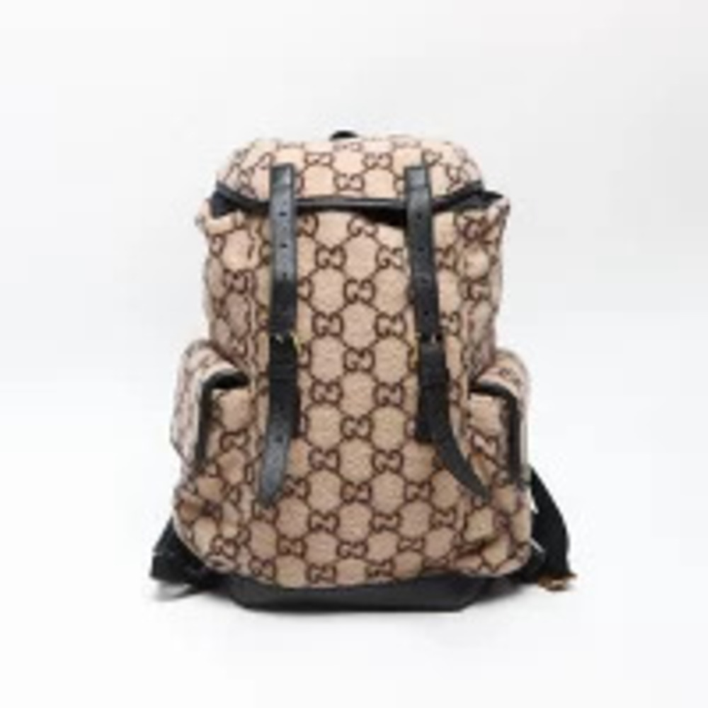 Gucci Backpack Rucksack Daybag GG Wool Leather Daypack Brown